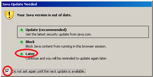 Update Java Dialog